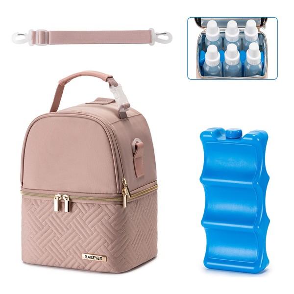 BABEYER Breastmilk Cooler Bag with Ice Pack Fits 6 Baby Bottles up to 9 Ounce, Breast Milk Pump Cooler Bag with Shoulder Strap for Nursing Mom Daycare, Work, Travel- Pink