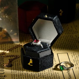 TAIMY Ring Box, Equilateral Hexagon Plush Velvet Ring Case for Proposal Engagement and Wedding Ceremony, Small Ring Gift Box for Men Women Girlfriend Mother and Father(Black)