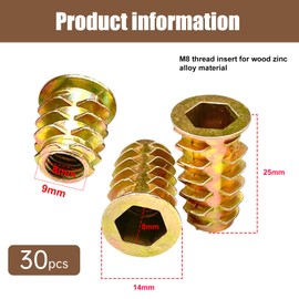 30 PCS M8（8mm*25mm）Threaded Inserts for Wood, Threaded Inserts, Threaded, M8 Nut， Suitable for Woodworking Furniture, DIY, And Many Other Projects