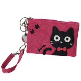 Cross Marberry ST04 Black Cat Cute Pass Case with Reel Coin Purse Zipper Coin Case Fragment Case, Pink