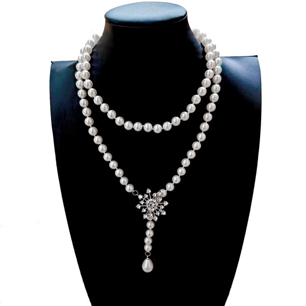 Hroevc White 8mm Shell Long Pearl Necklaces Strand, Wedding Pearl