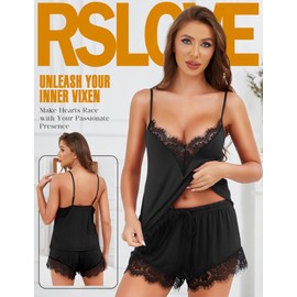 RSLOVE Women's Sexy Pyjamas Set - Lace V Neck Pajamas Soft Pjs Nightwear Comfy Sleepwear Black