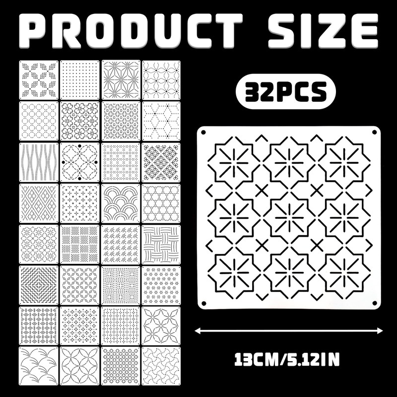 32 Pcs Sashiko Stencil Kit, 5.1 Inch Reusable PET Plastic