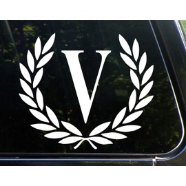Letter V, Large Size, Decorative Monogram - 9" x 10"- Vinyl Die Cut Decal/Bumper Sticker for Windows, Trucks, Cars, Laptops, Glasses. Mugs, Etc.
