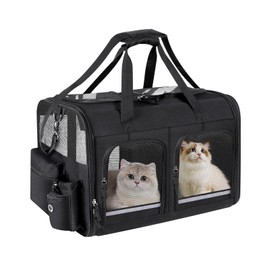 Groxkox Cat Carrier for 2 Cats, Foldable Double Cat and Dog Carrier, Small to Medium Size, 2 Front Zippered Compartments,Two Pets Carrier for Outdoor Travel,Mulitple Cat Carrier (Black)
