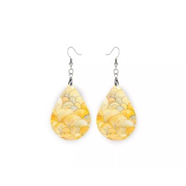 Twisted R Design Yellow Fans Wood Dangle Teardrop Print Earrings Jewelry