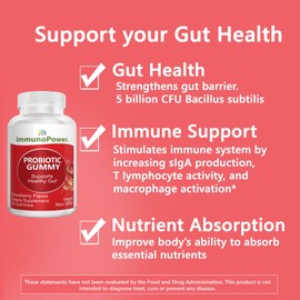 ImmunoPower ImmunoPower Organic Probiotics Gummies | 5 Billion CFU Probiotics for Digestive Health & Immune Support | DE111 Bacillus Subtilis | Strawberry | Non-GMO, | 30 Ct.