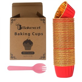 Standard Red Foil Paper Baking Cups 50-Pack with 50 Sporks, Bakexcel Premium Non-stick Cupcake Liners, 3.5oz Perfect for Muffins, Cupcakes, and Desserts