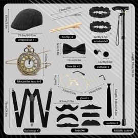 Sekepingo Elegant 18PCS Mens 1920s Gatsby Custome Outfits Vest and Hat Accessories for Roring 20's 30's Themed Party (Black, XL)