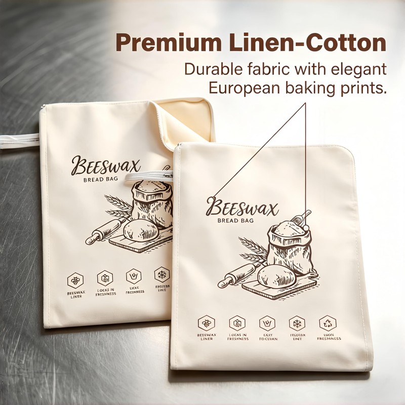 Beeswax-Lined Bread Bags, Reusable for Homemade & Sourdough Bread, Large