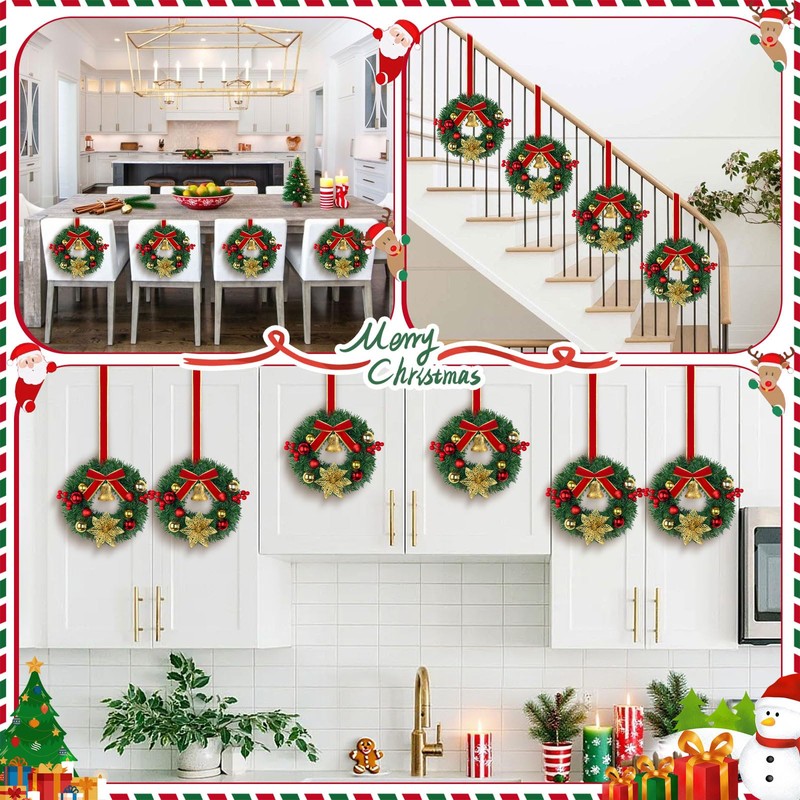 6 Pcs Mini Christmas Wreath with Bell, Berry, Flowers and
