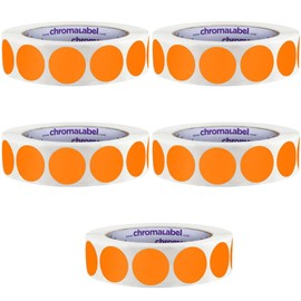 ChromaLabel 1 Inch Circle Sticker Labels, Easy to Write On Colored Dot Stickers, Permanent Adhesive Labels - 1000 Sticky Dots per Roll, Orange Dot Stickers - Pack of 5