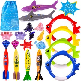 Summer Pool Diving Swimming Toys for Kids - Fun Swim Games, Sinking Set, Underwater Dive Gifts with Storage Bag, 20 Packs of Assorted Toys