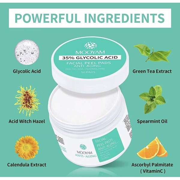 MOOYAM Glycolic Acid 35% Facial Exfoliating Peel Pads AHA Green