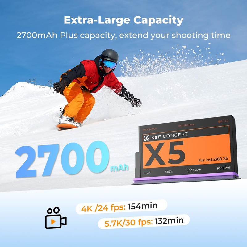 K&F CONCEPT 360x5 Battery, 2700mAh X5 Battery with Storage Case