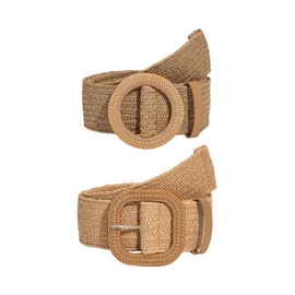 BEAUDRM Women's 2 Pack Boho Straw Belts Woven Buckle Belts Bohemian Waist Belts Brown Suit Waist Size:25.6-29.5