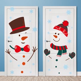 FINPAC 4 Sheets Christmas Door Stickers, Removable Door Decorations Christmas Wall Stickers Snowman Elk Snowflake Stickers for Room Wall Door Refrigerator Window