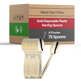 Gold Disposable Plastic Serving Spoons, 9.75 Inch, Pack of 75 - BPA-Free, Recyclable, Heavy Duty Spoons for Buffets, Catering, Parties, and Events - Elegant Gold Serving Utensils