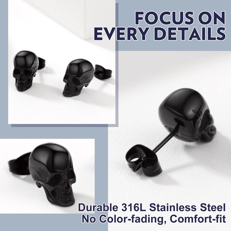 Skull Studs for Men Women Black Skull Head Stud Earrings
