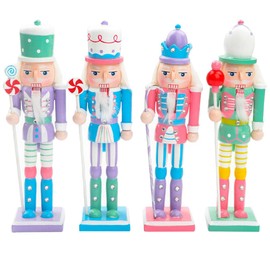 Happyyami Wooden Christmas Nutcracker Soldier 4pcs Candy Nutcracker Figures Pastel Nutcracker Christmas Decor Sweet Lollipop Nutcracker Figures Puppet Collectible 18cm