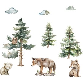 iMagitek Watercolor Large Pine Tree Animal Wall Decal Owl Wolf Animal Wall Stickers for Living Room Bedroom