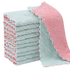 11Pack Kitchen Dish Cloths, Reusable Dish Towels, Nonstick Oil Washable Fast Drying, Super Absorbent Coral Velvet Cleaning Cloths for Cleaning Tableware, Kitchen, Bathroom (Pink-green10 x 6")