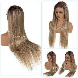 Light Blonde Highlight Wig Human Hair Balayage Ombre 13x4 HD Lace Front Wigs for Women Long Straight Balayage Brown to Ash Brown and Light Blonde Lace Front Wig Human Hair 180% Density 20 Inch