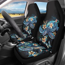 Bulopur Sea Turtle Auto Seat Covers Set Girly Boho Floral Car Front Seats Covers Accessories 2 Pieces Interior Decor Protector All Seasons Use for SUV Trucks Chairs Vans