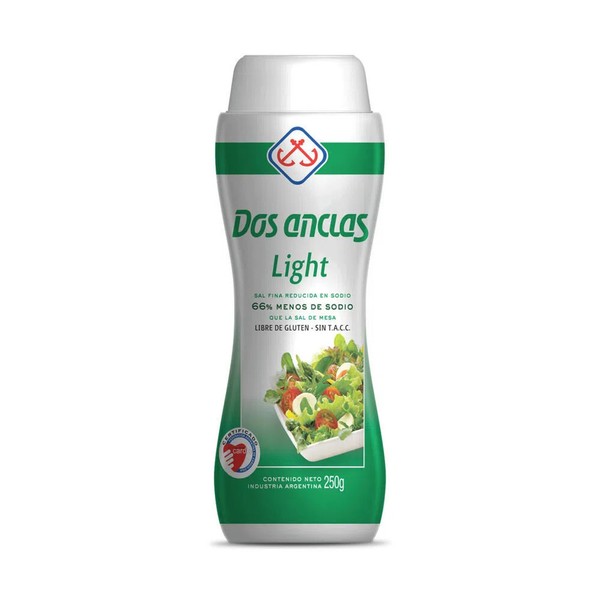 Dos Anclas Light Fine Salt - 66% Less Sodium Gluten-Free Sal Light Reducida en Sodio, 250 g / 8.81 oz