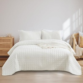 Andency Queen Quilt Cream White, Velvet Lightweight Plush Plaid Bedspread, Soft Luxury Coverlet Quilted Bedding Set (96x90 inch, 2 Matching Pillowcases), All Season