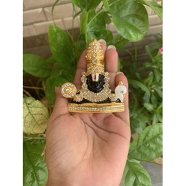 Stone Studded Gold Finish Lord Venkateswara Statue 3" X 3" inches Tirupati Balaji Idol for Car Dashboard Gift Temple Pooja Spiritual - 8 cm
