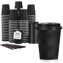 Lamosi 12 oz Disposable Coffee Cups with Lids, 500 Pack Insulated Hot Cups To Go Paper Coffee Cups with Lids and Straws, Corrugated Ripple Wall Cup for Hot Drink, Office, Coffee Bar (Black)