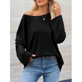 Tankaneo Womens Oversized Off The Shoulder Tshirts Summer Casual Long Sleeve Tunic Tops Boat Neck Loose Fit Flowy sweatshirt Black
