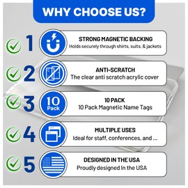 CiLoN Magnetic Name Badge with Clear Acrylic Cover. DIY Customizable 1" X 3", Round Corners. Reusable Magnetic Name Tags for Hotels, Restaurants, Schools, Offices, Stores & Teams. Silver 10Pcs