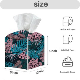 Tissue Box Cover, Tissue Box Holder, Square with Belt Bottom, PU Leather Decorative Organizer for Desk, Tabletop,Bathroom, Toilet Car, Office, Dresser Bedside, Aesthetic Tropical Leaves Decor