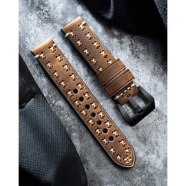 BINLUN Leather Watch Strap for Men, Retro Handmade Leather Watch Band 20/22/24/26MM for Women, Replacement Thick Vintage Watch Straps, Dark Brown/Black Buckle,22mm