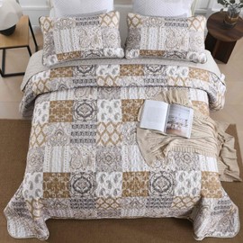 WONGS BEDDING WONGS BEDDING Brown Quilt Set Queen Size, Patchwork Plaid Bedspread Bedding Sets Paisley Soft Microfiber Quilts for Queen Bed 3 Pieces Coverlet Set for All Season (96"x90")