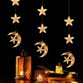 Rossesay 3 Pieces Ramadan Light Eid Decorations Star Window Silhouette Moon Indoor LED String Lights Ramadan Hanging Decor for Curtain Outdoor Home Wedding Window Patio Party Decor (Warm Yellow)