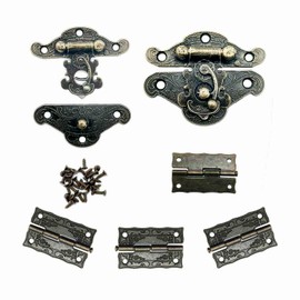 WJUAN 2 Pcs of Retro Antique Design Furniture Cupboard Decorative Jewelry Box Lock and 4 Pcs of Vintage Hinge (a Rotation Angle of 315 Degrees), with Enough Bronze- Colored Screws
