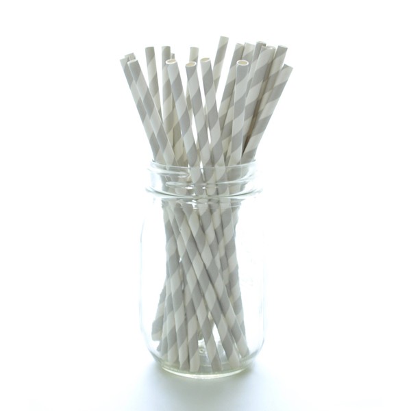 Silver Retro Paper Straws - 25 Pack – Gray Wedding Reception Straws, Grey Birthday Party Celebration, Silver Striped Straws