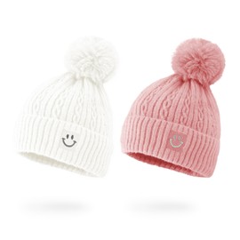 Womens Winter Beanie Hat, Smile Face Warm Fleece Knitted Skull Cap with Faux Fur Pom Pom White Pink