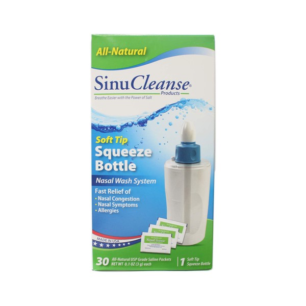 SinuCleanse Squeeze Nasal Wash Kit Plus All-Natural Saline Solution Packets, 30-Count Box (Pack of 2)