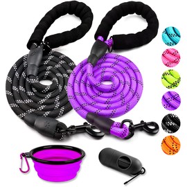 COOYOO 2 Pack Dog Leash 4 FT Heavy Duty - Comfortable Padded Handle - Reflective Dog Leash for Medium Large Dogs with Collapsible Pet Bowl