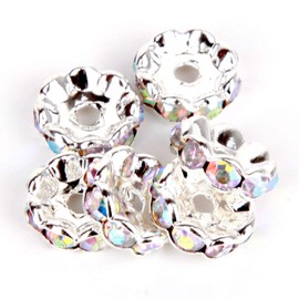 RUBYCA 100pcs 8mm Wavy Rondelle Spacer Beads Silver Tone AB White Czech Crystal for Bracelet Necklace Jewelry Making