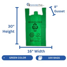 ASSUREPAK Green PP Non Woven Reusable Bags - Jumbo 16"x8"x30" - 100 Bags - 45 GSM - Green