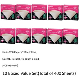 10 X Hario V60 Size 01 40-Count Boxed Coffee Natural Paper Filters, 10 Boxed Value Set (Total of 400 Sheets)
