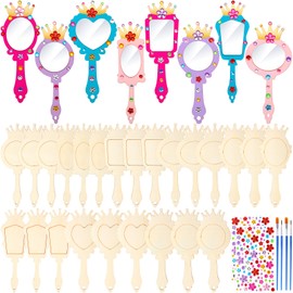 RoundFunny 24 Pack Wooden Mirror Craft for Girls DIY Decorate You Own Princess Mirrors Wooden Hand Mirror Small Mirrors for Crafts Paint Princess Party Decorations Birthday Supplies Favors