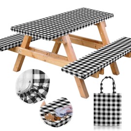 RNOONY RNOONY Vinyl Fitted Picnic Table Cover with Bench Covers and Bag, 6ft Outdoor Waterproof Windproof Tablecloth with Elastic Edges. Camping RV Gear Campers Must Have 72x30 Inches 4 Pcs Set (Black)