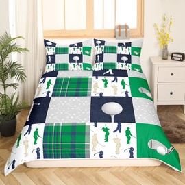 Castle Fairy Golf Plaid Bedding Set Queen Size,Green Buffalo Grid Geometric Duvet Cover Set for Children Adult,Ball Sports Lover Style Soft Comforter Cover for Dorm Room, Zipper, Ties