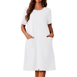 Ekouaer Zipper Robes for Women Short Sleeve Waffle Knit Bathrobe Lightweight House Coat with Pockets Soft Loungwear